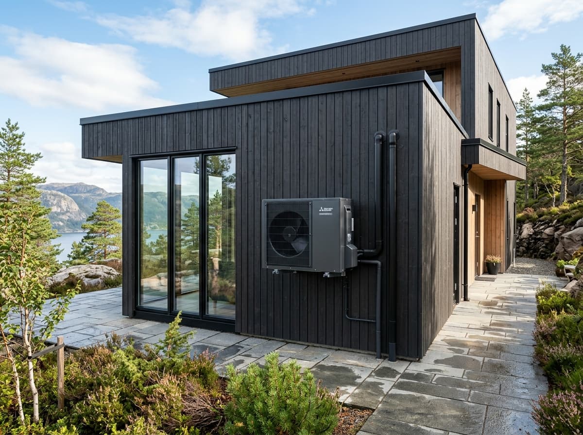 Moderne varmepumpe montert på fasaden av en norsk bolig