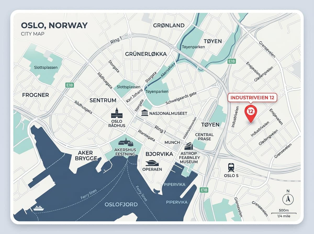 Kart som viser kontoradresse Industriveien 12 i Oslo